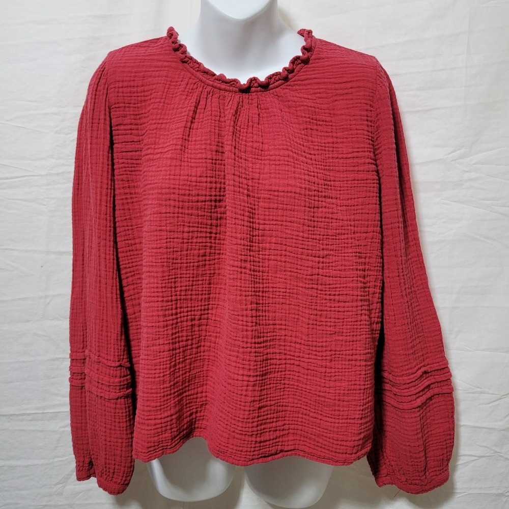Xirena Size Large Gauze Cotton Red Long Sleeve Top Ruffle Collar